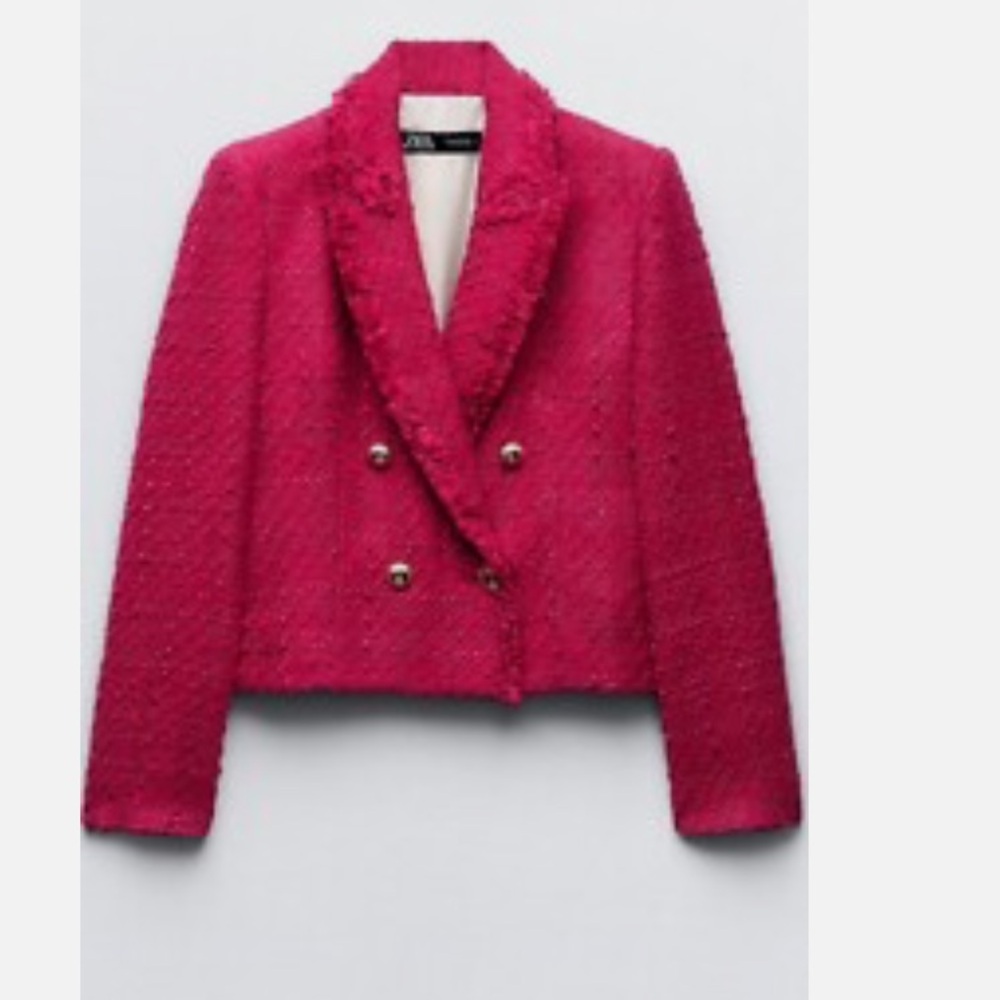 Zara double-breasted frayed cropped blazer in fuchsia pink tweed NWT